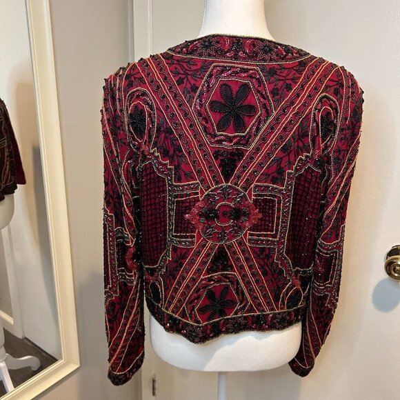 Vintage Niteline by Della Roufogali Red Silk Beaded jacket, Size Medium - Picture 8 of 14